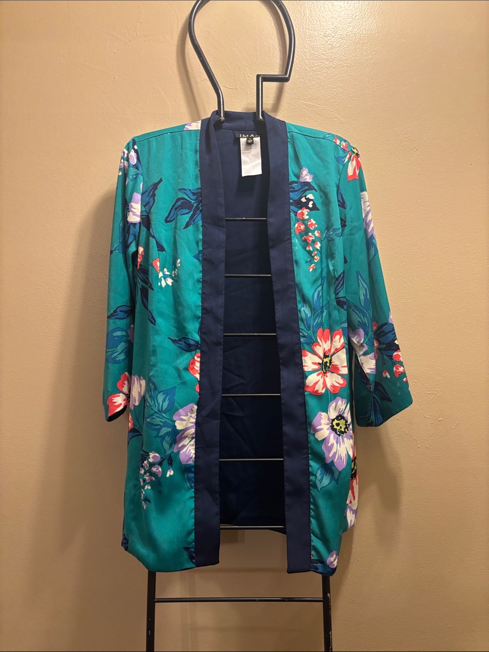 Floral/Navy Satin Kimono Jacket- Teal with Navy Trim
